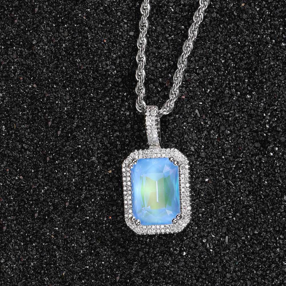 Geometric Square Zirconia Pendant Necklace in White Gold Tone with Twisted Cable Chain