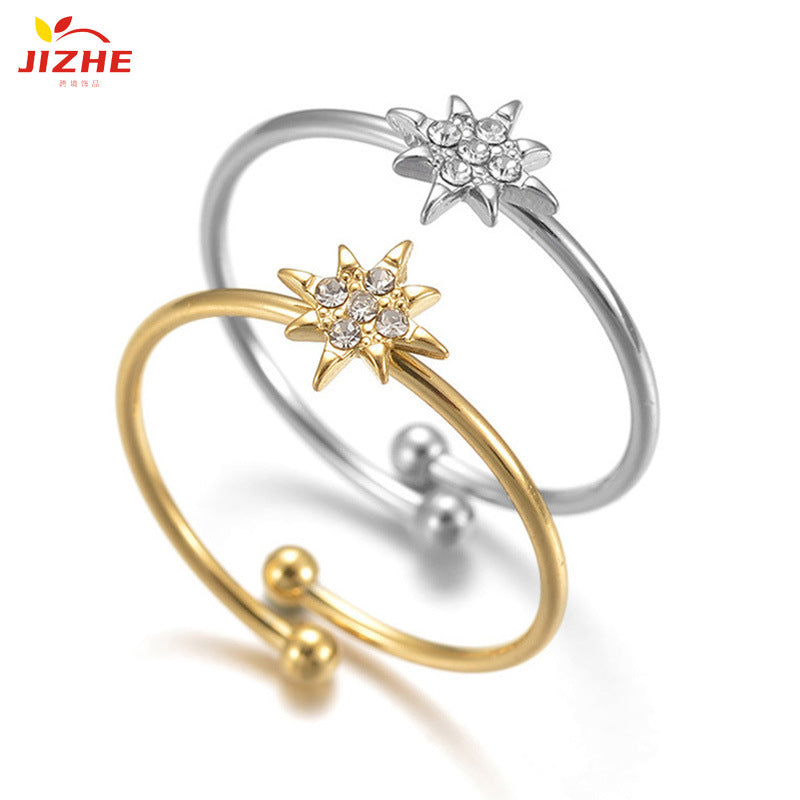 Women's Korean Style Titanium Steel Diamond Eight Awn Star Simple Ring