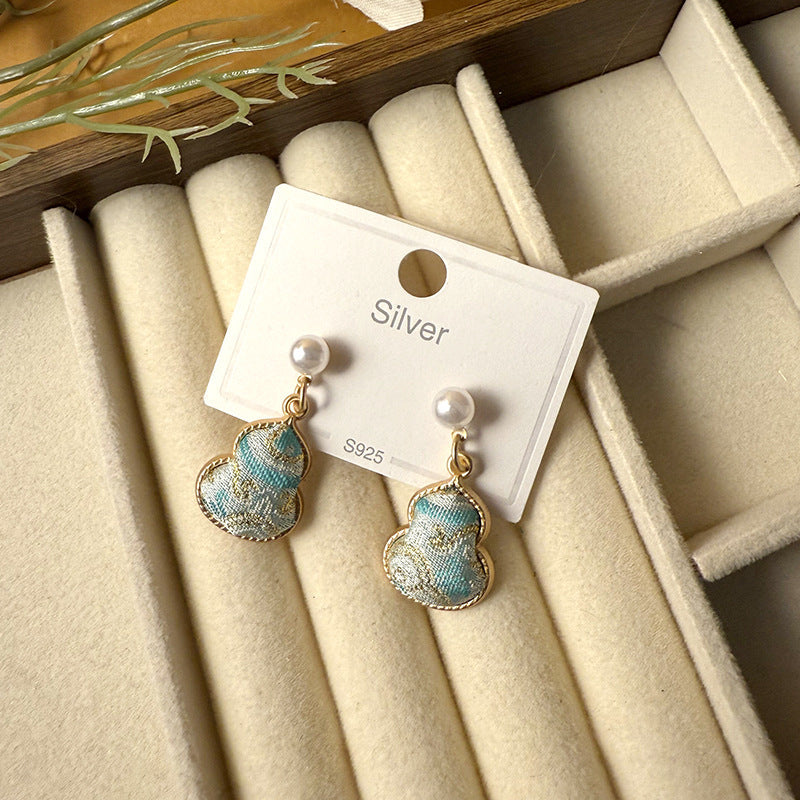 Women's Dynasty Brocade Gourd For Sier Needle Pearl Earrings