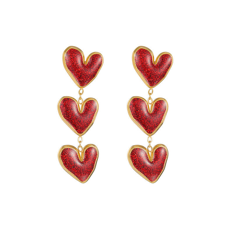 Style Elegant Graceful Wine Red Heart Ear Suit Female Jewelry Set