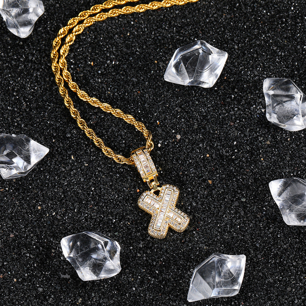 Hip Hop Letter Pendant Necklace with Cubic Zirconia in Gold or White Gold