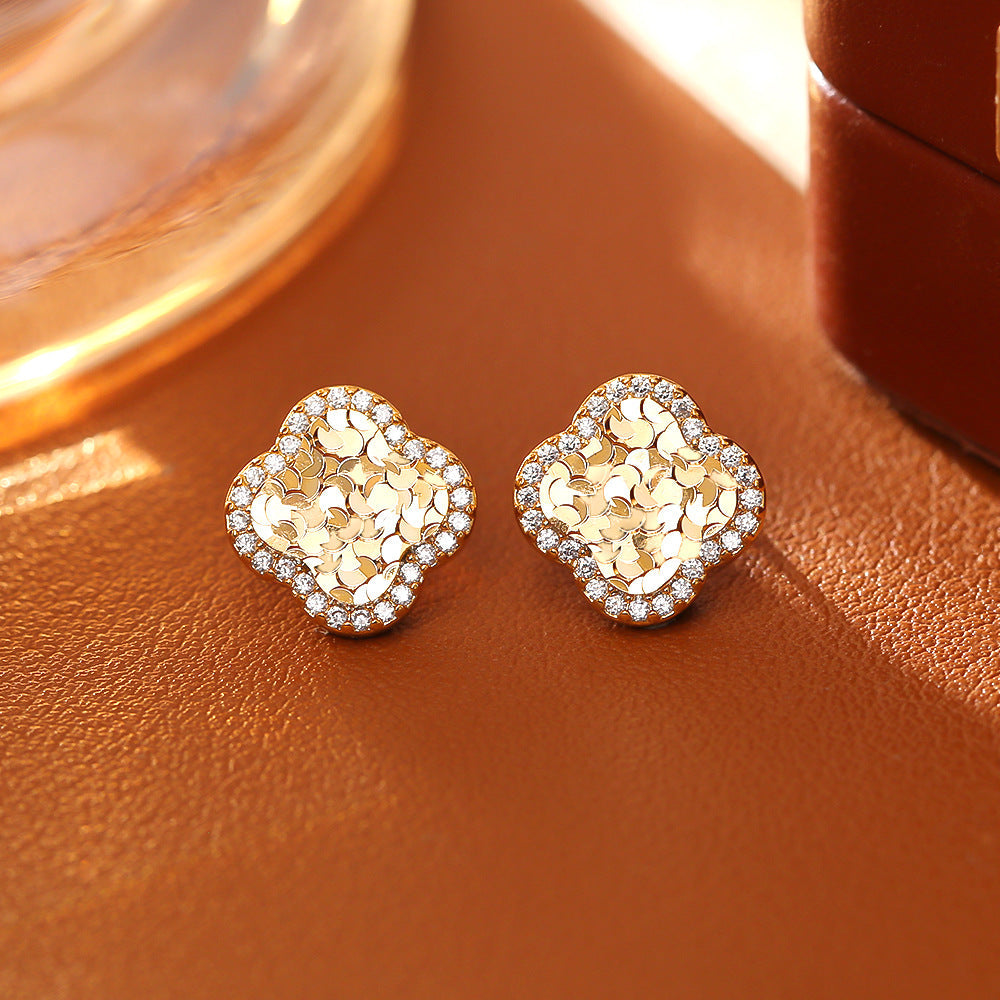 Zircon Four Leaf Clover Ear High Sense Fashion Exquisite Versatile Stud Earrings