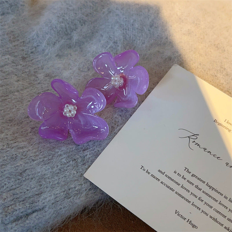 Style Fairy Rhinestone Pearl Resin Flower High-grade Fashionable Earrings