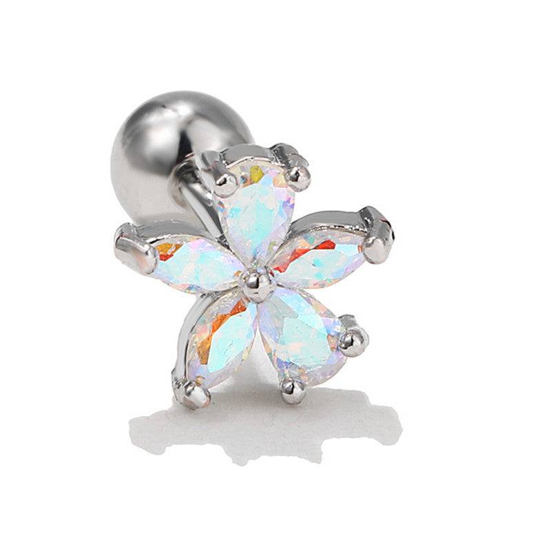 Flower Ear Pink Zircon Sweet Loving Heart Bone Inner Screw Earrings