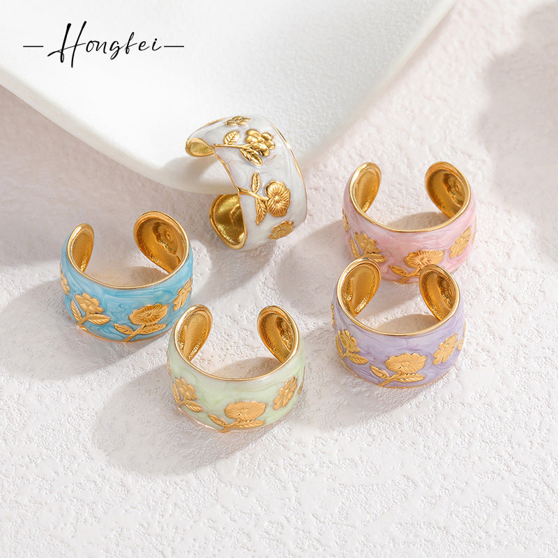 Fashion Stainless Steel Gold Drop Oil Rose Female Style Ring