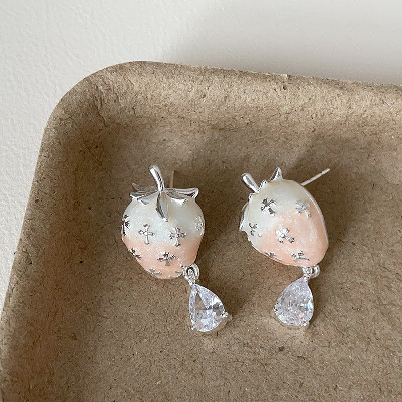 Sweet Gradient Pink Strawberry Pearl Zircon Female Earrings