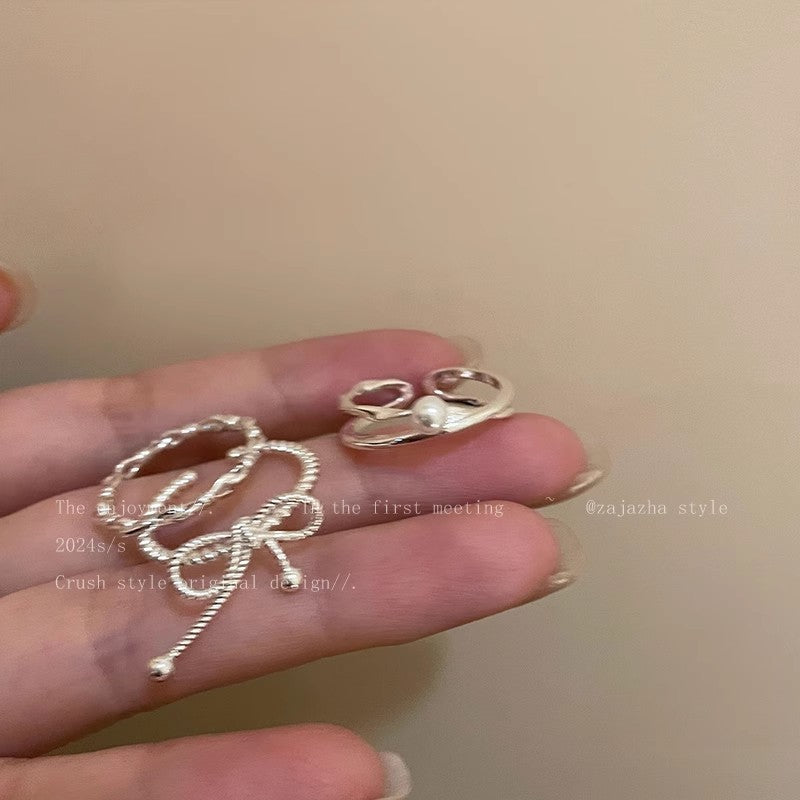 Women's Sier Bow Pearl Light Luxury Switchable Index Finger Design Fashion Ring