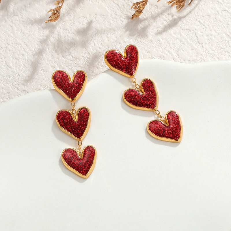 Style Elegant Graceful Wine Red Heart Ear Suit Female Jewelry Set