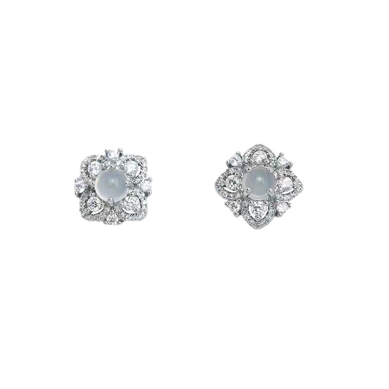 Hollow Stars Zircon Imitation White Chalcedony Full Diamond Flower Niche Stud Earrings