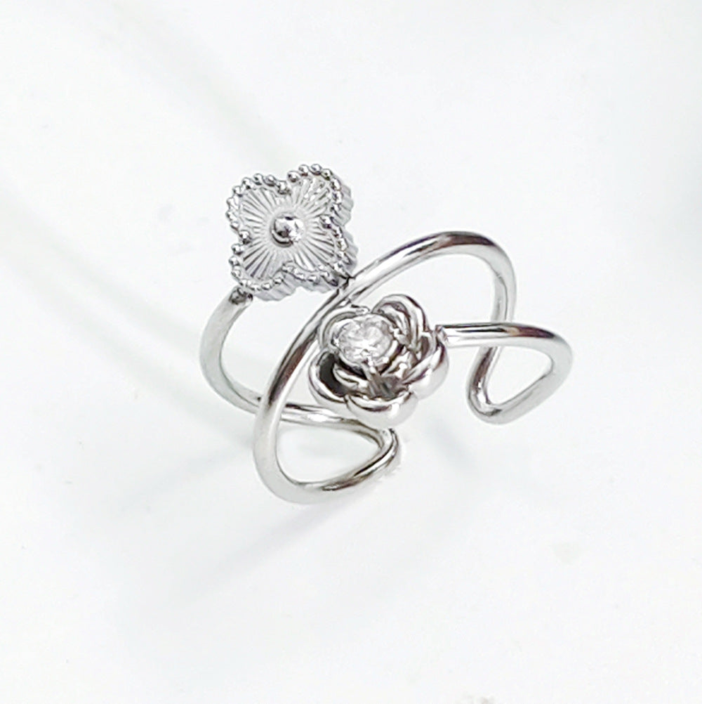Women's Steel Korean Style Simple Light Luxury Rose Diamond Graceful Flower Ring