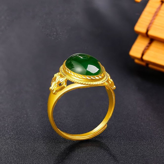 Gold Inlaid Natural Agate Jade Green Chalcedony Retro Fashion With Rings