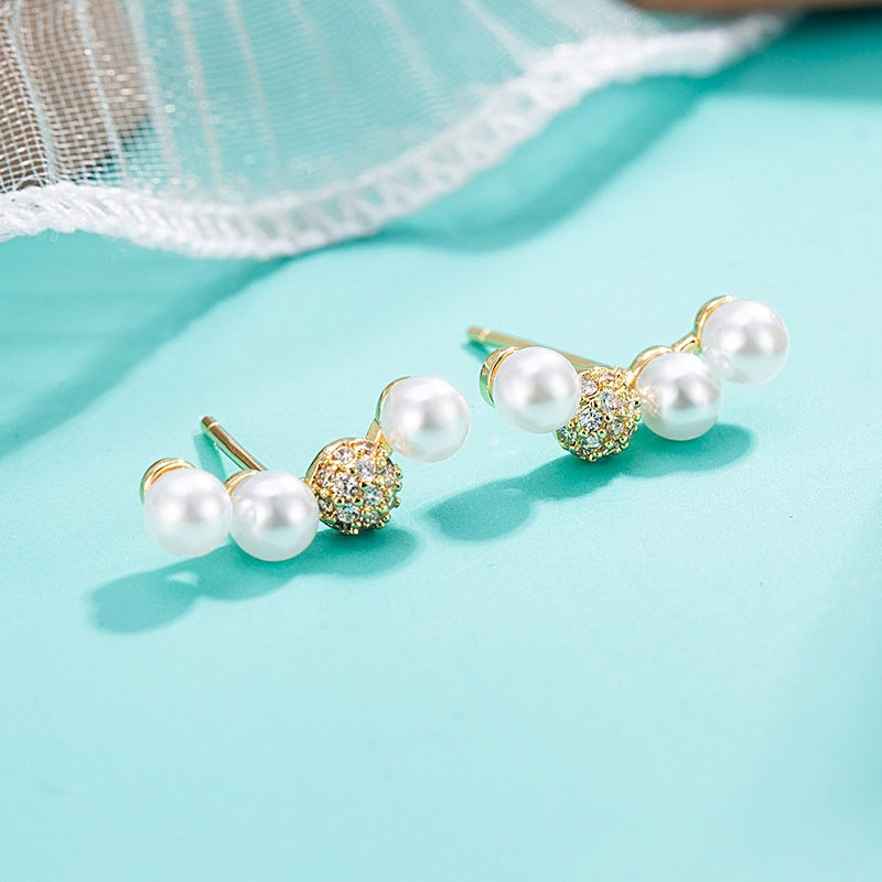 Women's Luxury Small Micro Inlaid Pearls Zircon Smile Stud Earrings