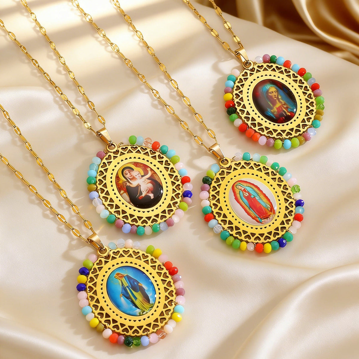 Stainless Steel Color Crystal Virgin Portrait Hollow Oval Necklaces