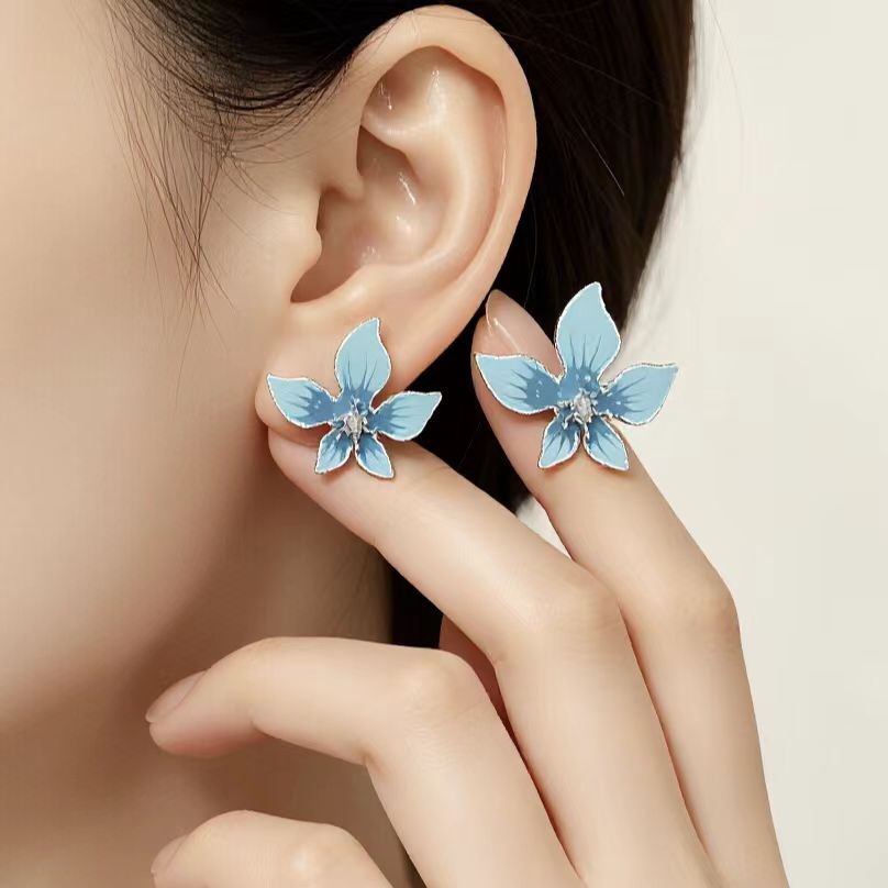 Color Flower Lady Elegant Sweet Style Temperament Dripping Oil Earrings
