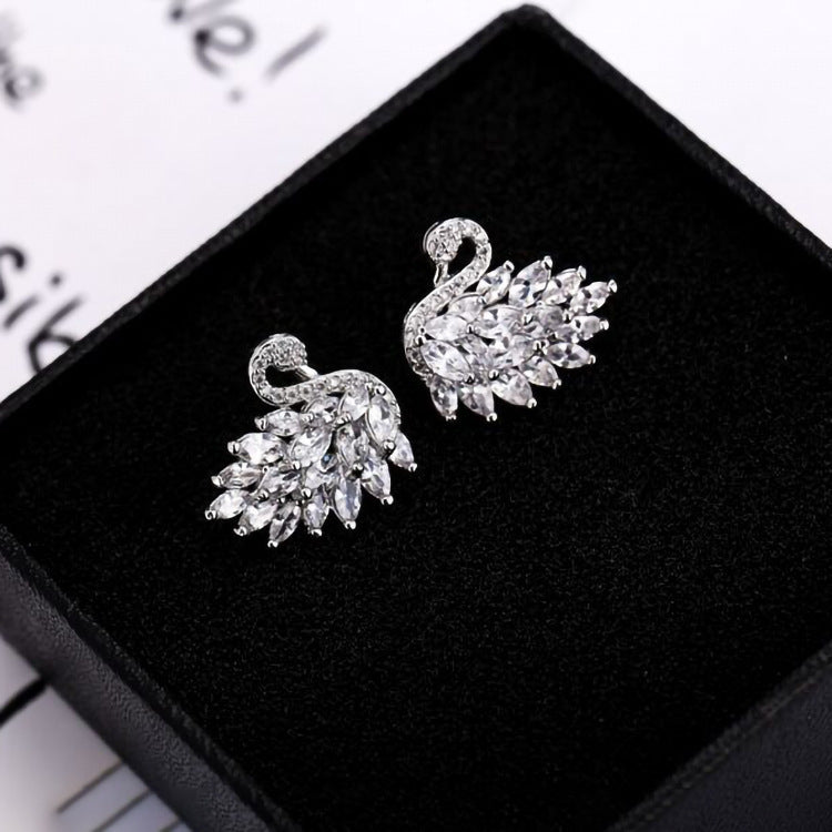 Black White Zircon Swan Female Personality Temperament Sier Needle French Stud Earrings