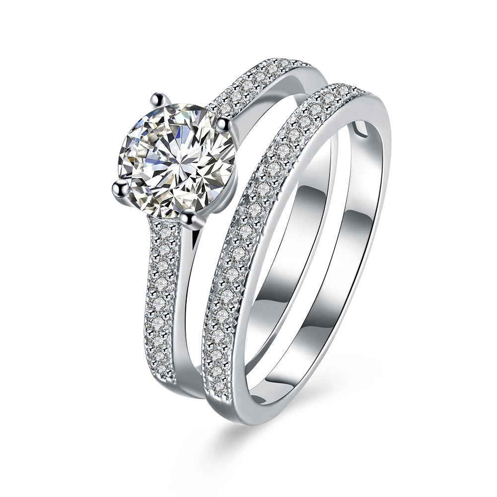 Women's Sterling Sier Personalized Straight-line Inlaid Stone Double Ring
