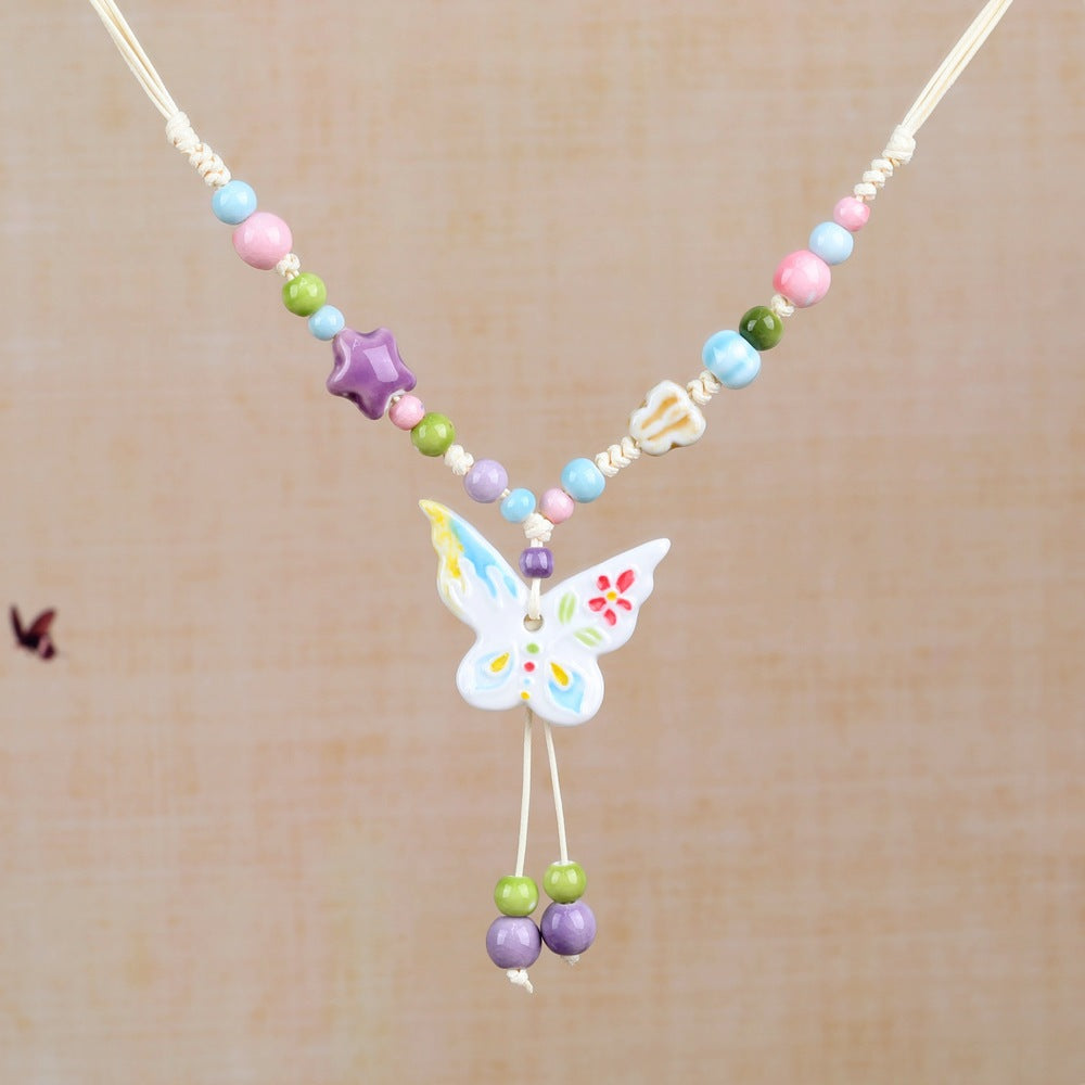 Women's Retro Ethnic Style Ceramic Butterfly Bell Fashionable Necklace
