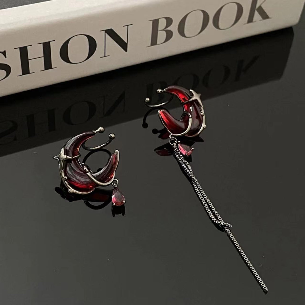 Red Crescent Tassel Chinese Style Asymmetric Design Advanced Niche Personality Earrings