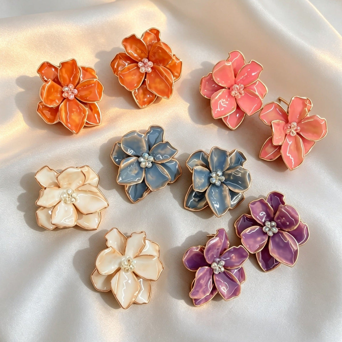 High-key Dignified Three-dimensional Petals Crystal Colorful Flower Earrings