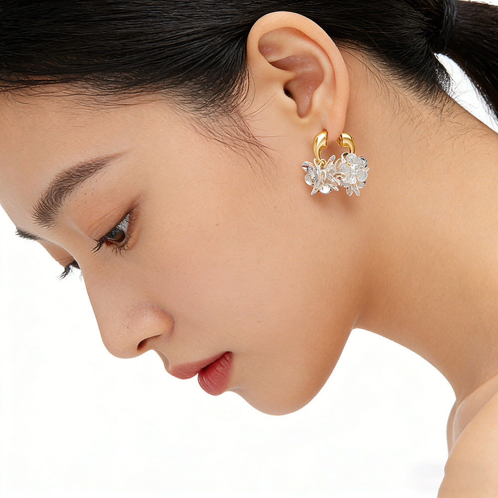 Front Rear Wear Contrast Color Flower Sier Earrings