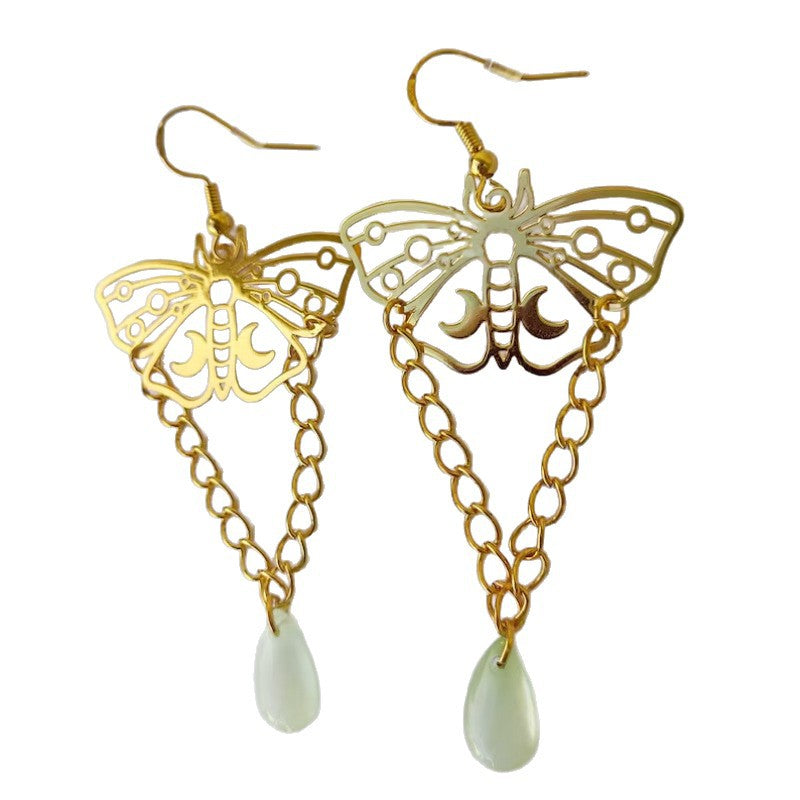 Gold Moth With Chain Drop-shaped Beads Full Of Fantasy Starry Earrings