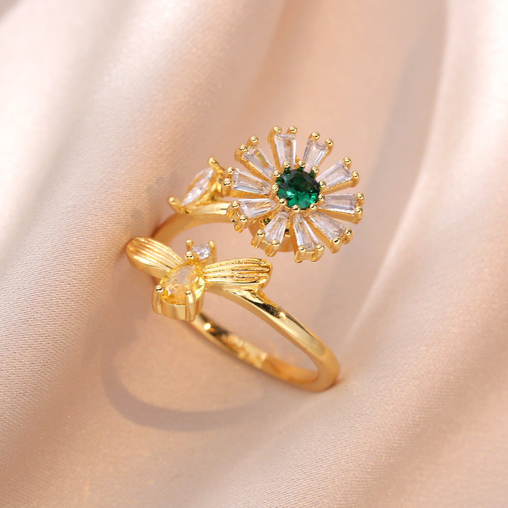 Women's Fashion Zircon Rotatable Emerald Sunflower Design Necklace