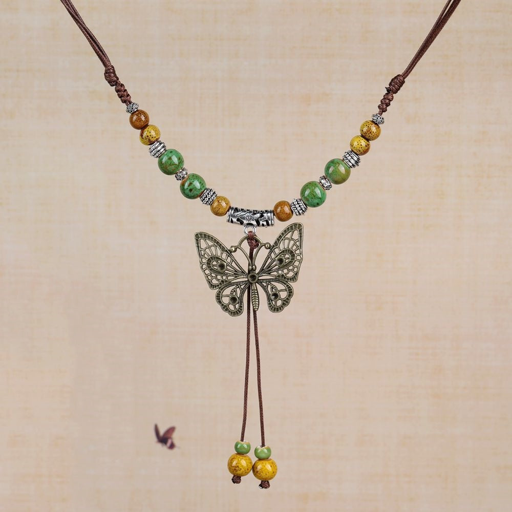 Women's Retro Ethnic Style Ceramic Butterfly Bell Fashionable Necklace