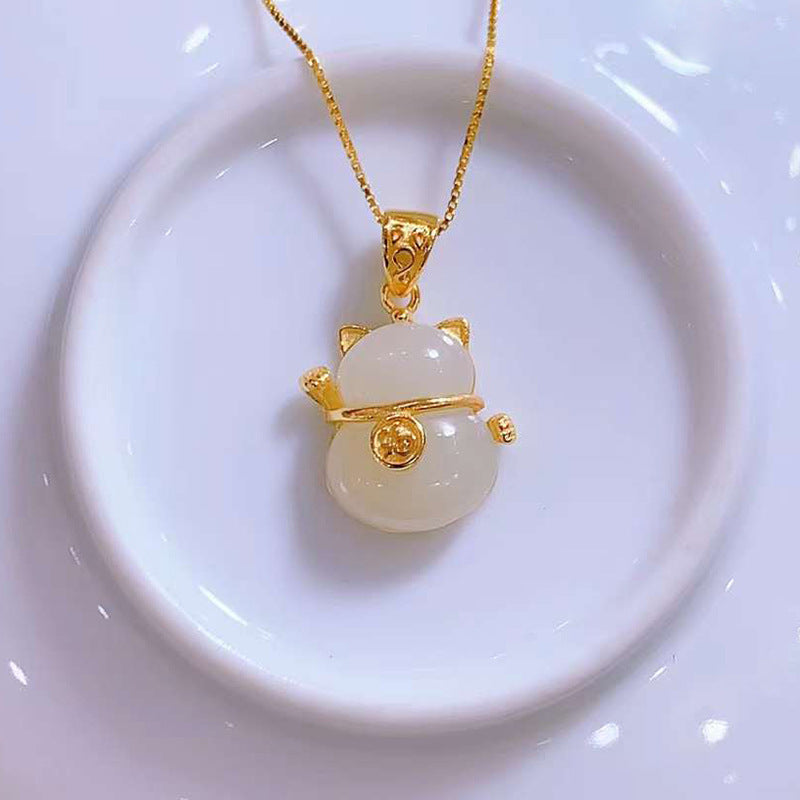 Sier Lucky Cat Natural Jade Cute Girlfriend Gift Light Necklaces