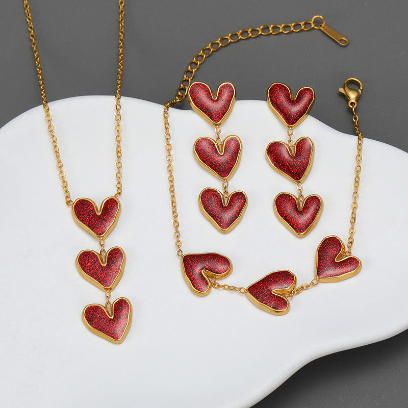Style Elegant Graceful Wine Red Heart Ear Suit Female Jewelry Set