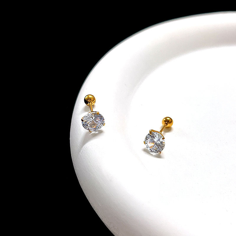 Women's & Men's Titanium Steel Threaded Rods Twisted Ball Ear Crystal Zircon Stud Earrings
