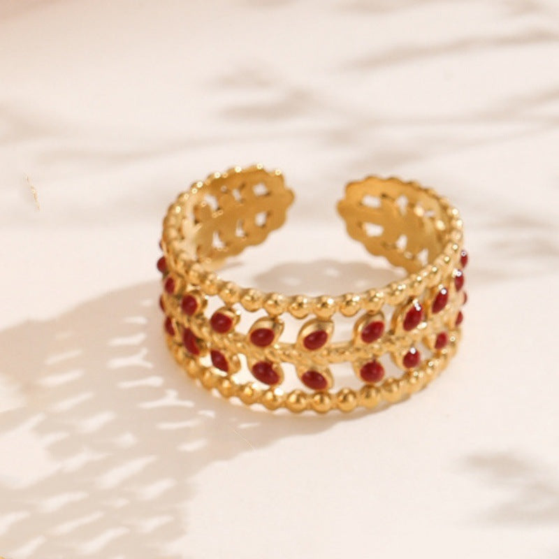 Double-line Drop Color Oil Female Design Flower Leaves Ring
