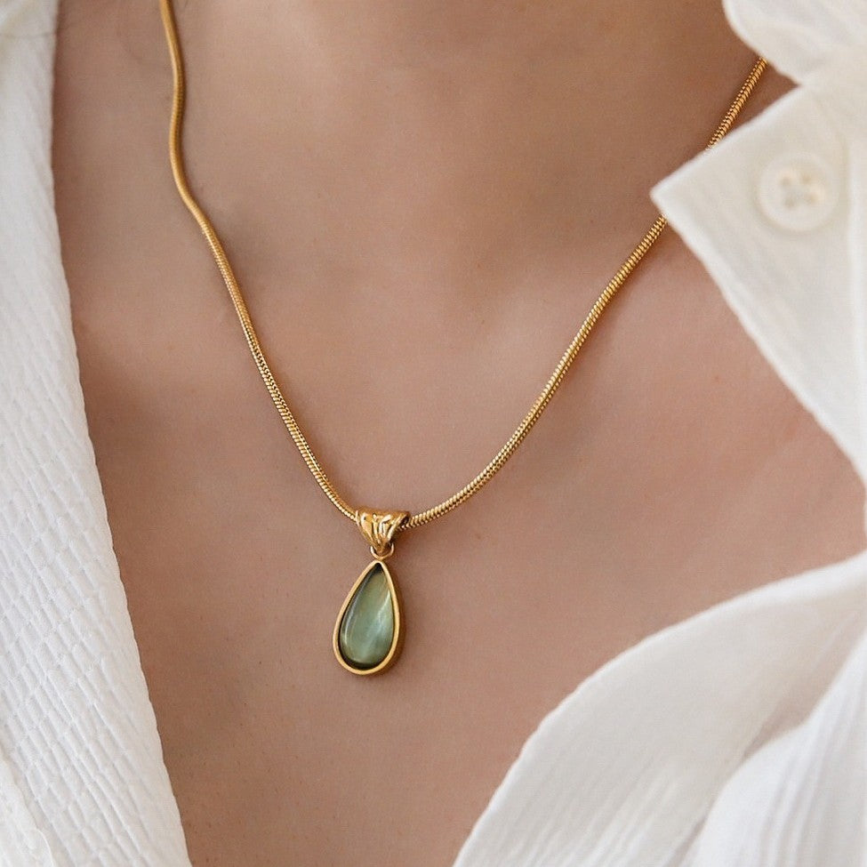 Women's Retro Olive Green Blue Water Drop Niche Design Necklaces