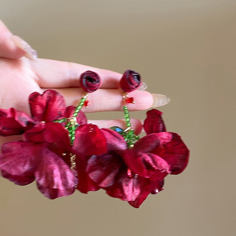 Needle Color Artificial Crystal Flower Tassel Sweet Fresh Ear Earrings