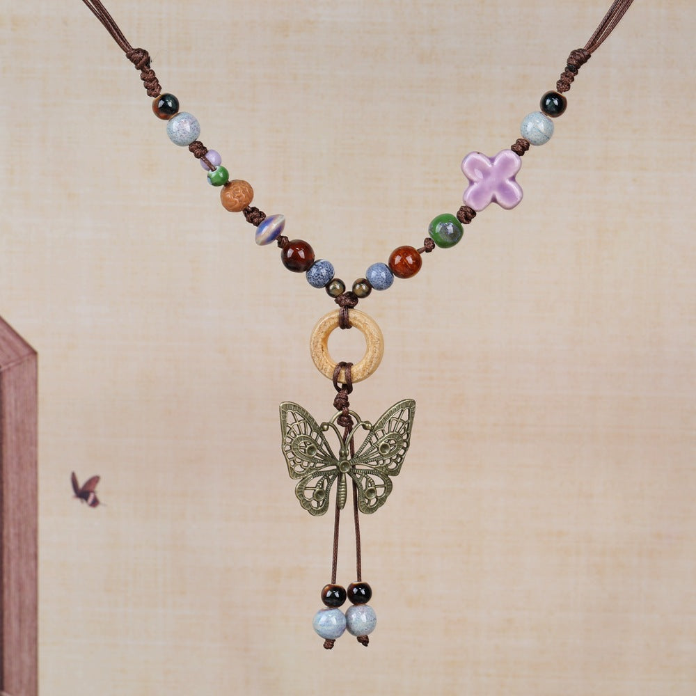 Women's Retro Ethnic Style Ceramic Butterfly Bell Fashionable Necklace