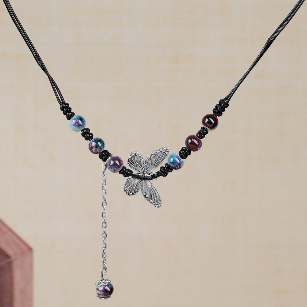 Women's Retro Ethnic Style Ceramic Butterfly Bell Fashionable Necklace