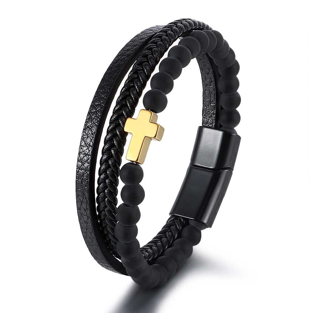 Men's Natural Tigereye Beaded Cross Woven Leather Bracelets
