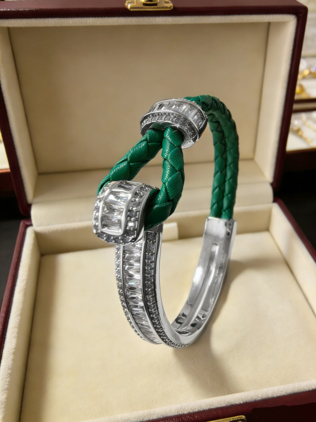 Green Leather Stitching Titanium Steel Gold Plated Retro Affordable Bracelets