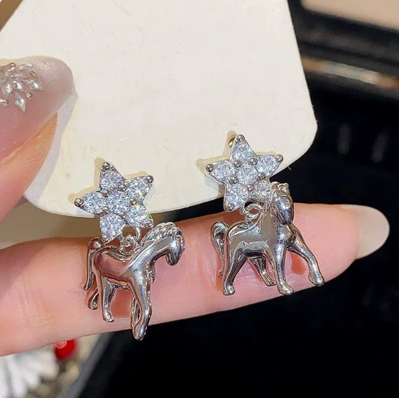 Light Luxury Exquisite Sparking Zirconium Pony Eardrops Design Horse Life Rings