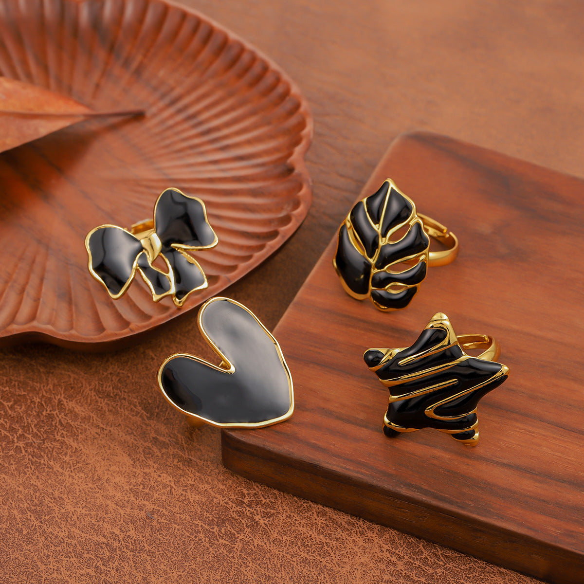 Oil Dripping Stainless Steel Leaves Five-pointed Rings