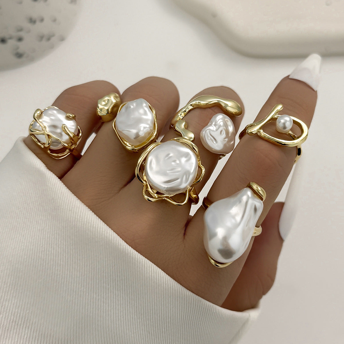 Advanced Sensitive Surface Water Drop Female Baroque Imitation Pearl Twin Ring