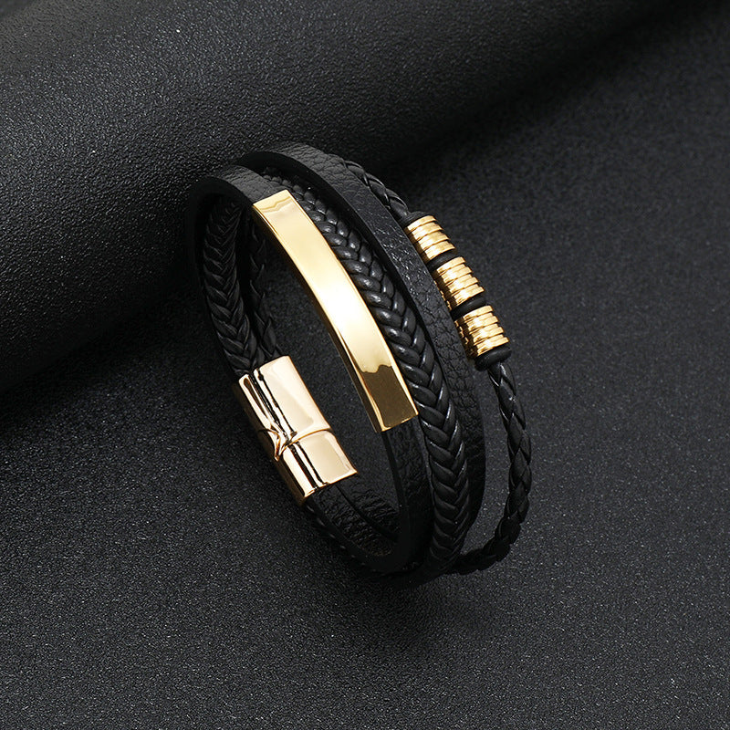 Men's Leather Woven String Stainless Steel Personality Bracelet