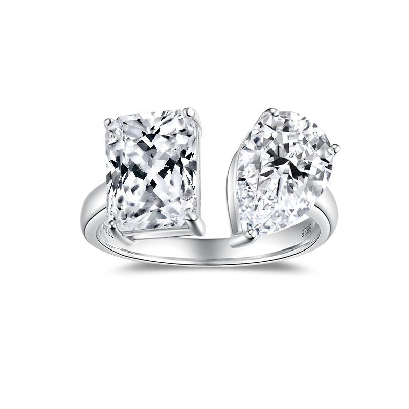 Classic Double-Stone Emerald-Cut D-Color VVS1 Moissanite Engagement Ring in Sterling Silver – Waterdrop & Radiant Options