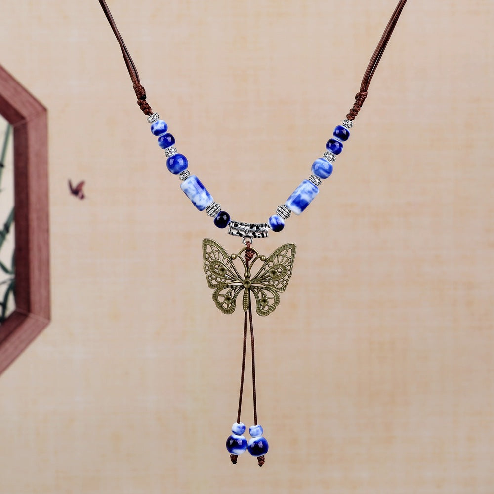 Women's Retro Ethnic Style Ceramic Butterfly Bell Fashionable Necklace