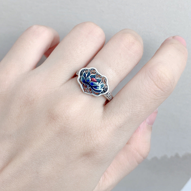 Women's Sterling Sier Enamel Blue Lotus Hollow Cloisonne Retro Personality Rings