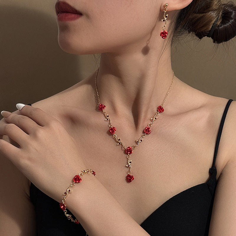 French Style Mori Rose Vintage Romantic Red Flower Niche Rings