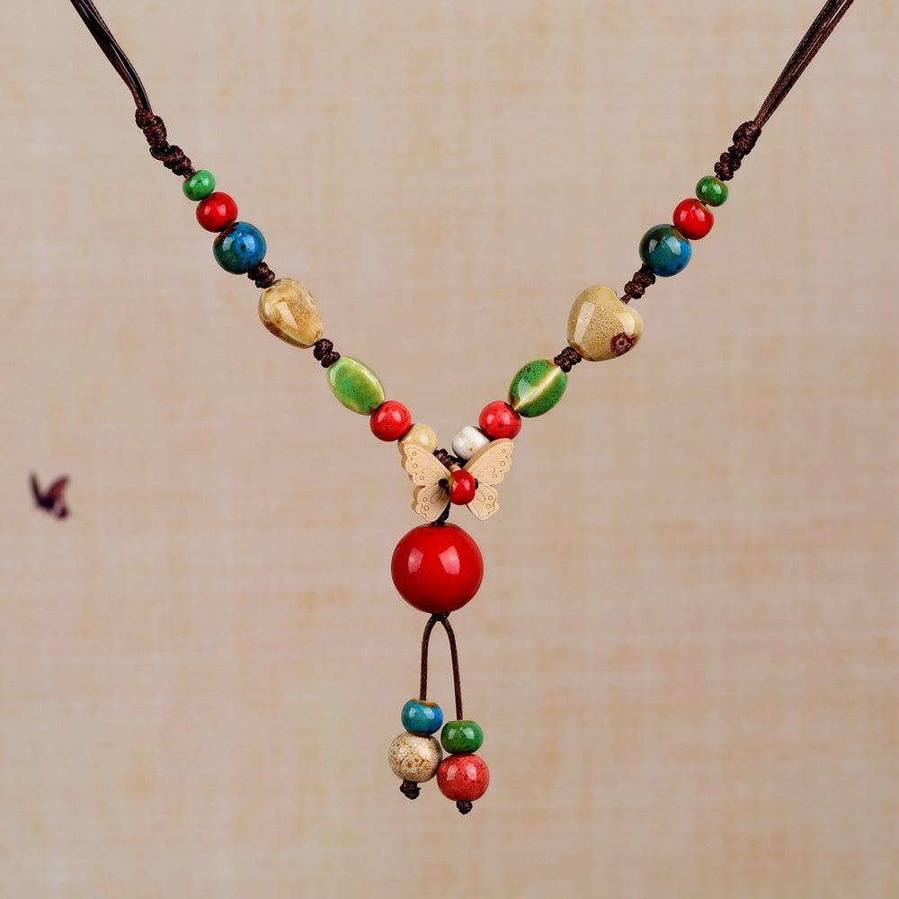 Women's Retro Ethnic Style Ceramic Butterfly Bell Fashionable Necklace