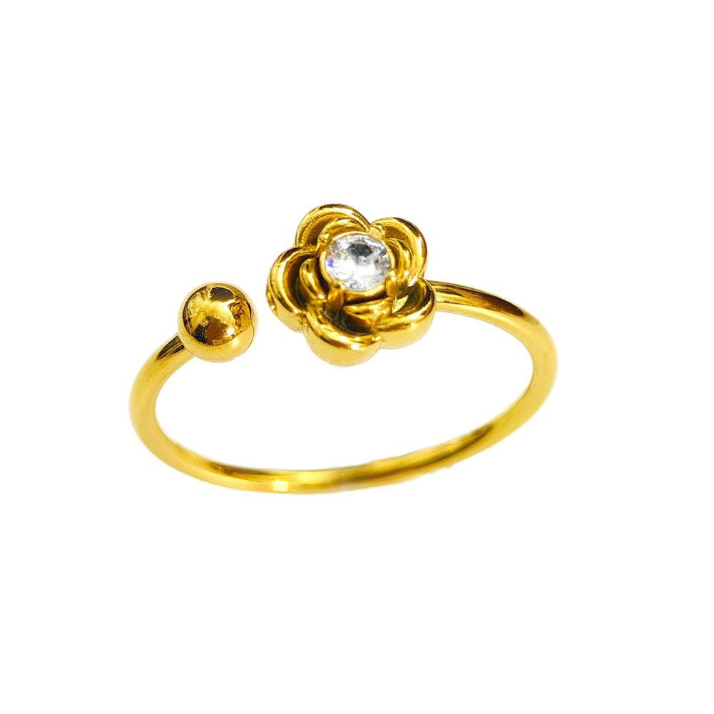 Women's Steel Korean Style Simple Light Luxury Rose Diamond Graceful Flower Ring
