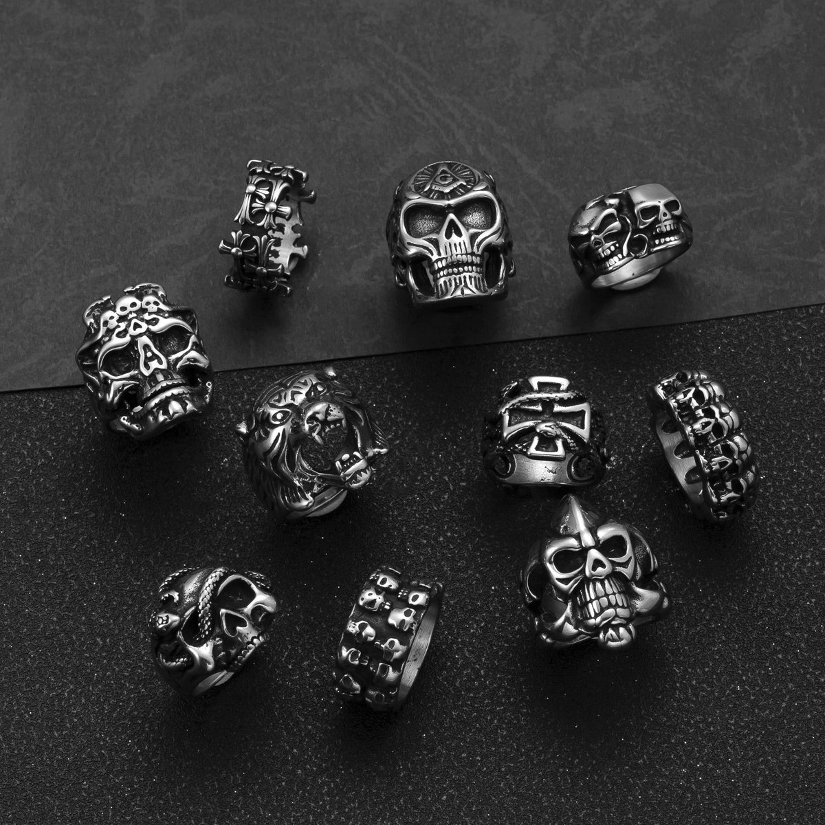 Men's Stainless Steel Cast Geometric Skull Distressed Punk Ring