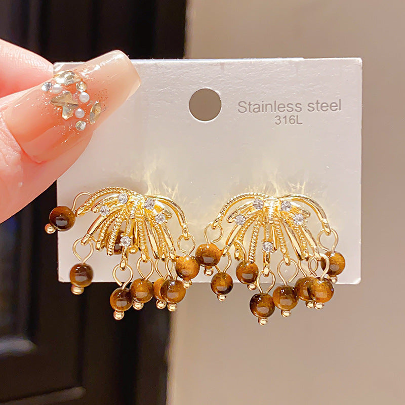 Women's Sier Needle Retro Diamonds Tigereye Fireworks Tassel Fashion Earrings