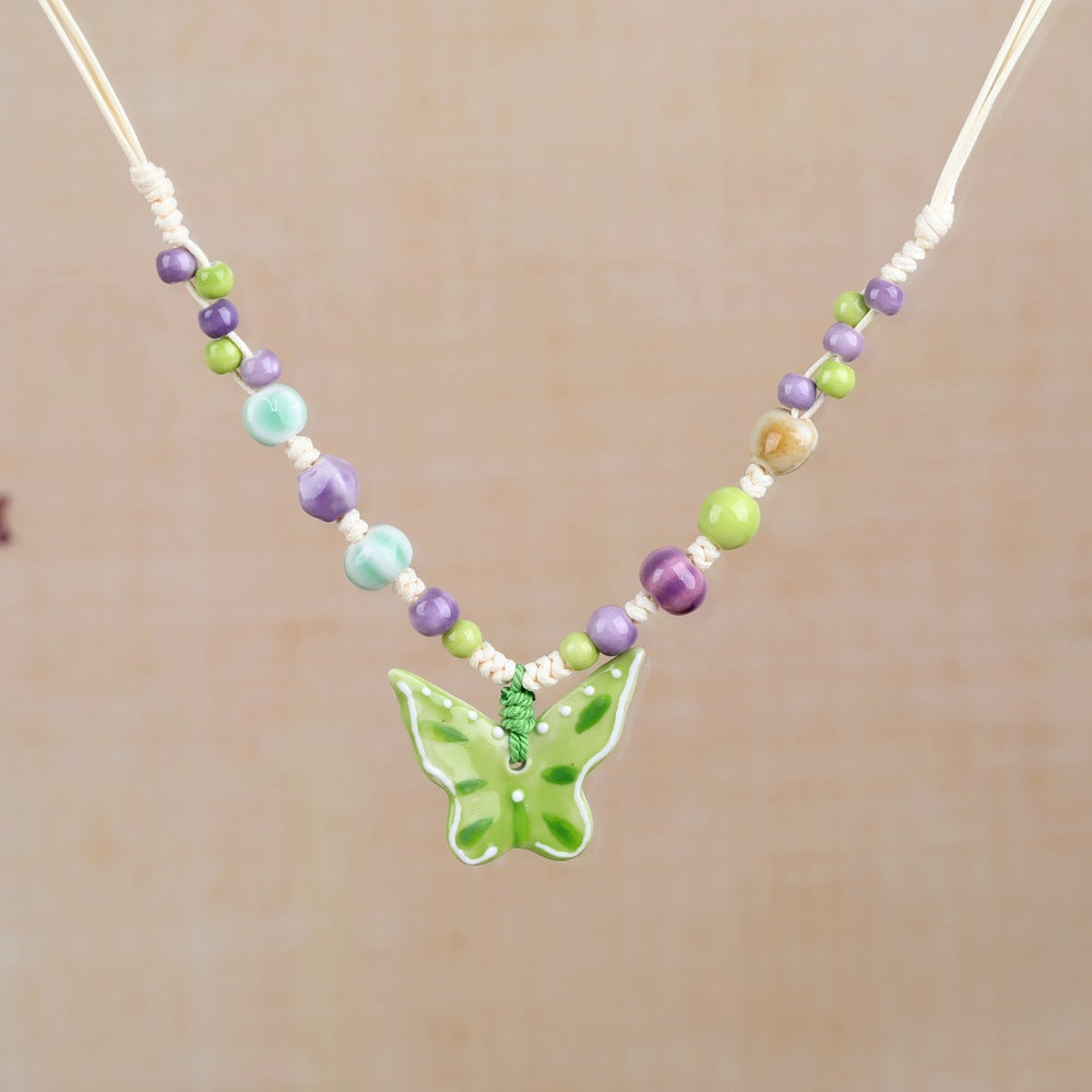 Women's Retro Ethnic Style Ceramic Butterfly Bell Fashionable Necklace